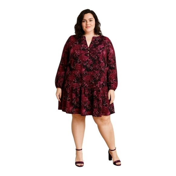 Women's Plus Time and Tru Wine Purple V Neck Mini Tiered Full Dress 2X - Picture 1 of 6